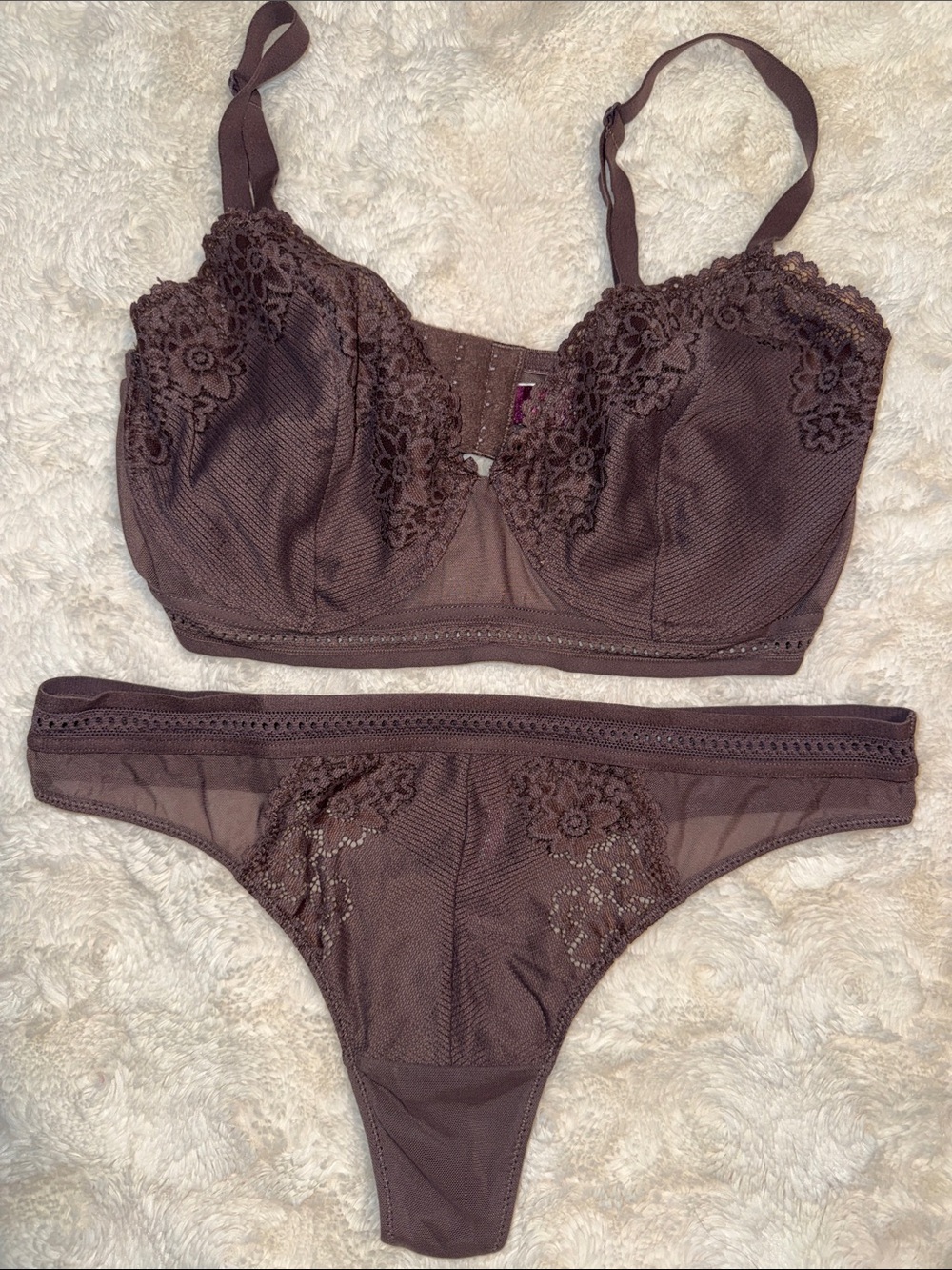 Adore Me Lace Trim Underwire Bra & Thong Set - Deep Plum